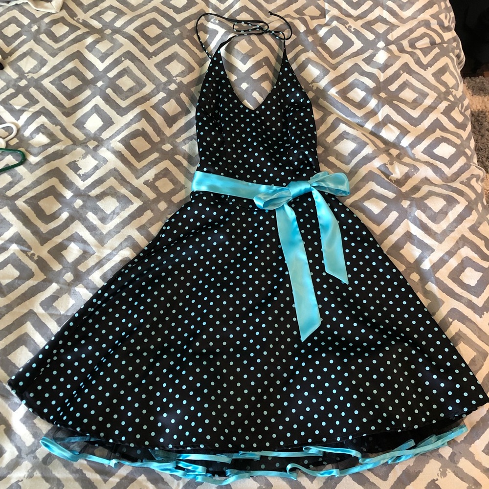 EUC B Darlin cute black & teal polka dot halter dress size 5/6.